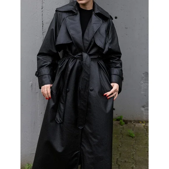 Black Faux Leather Trench Coat Long Belted Jacket Women Oversized Fall - Picture 6 of 9